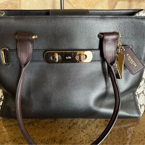 Coach Black Leather Tote with Brass Hardware